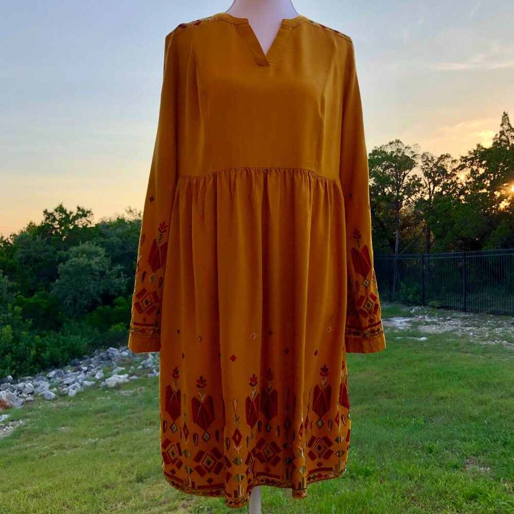 Beach Lunch Lounge Mustard Yellow Embroidered Peasant Dress Long Sleeve Womens S